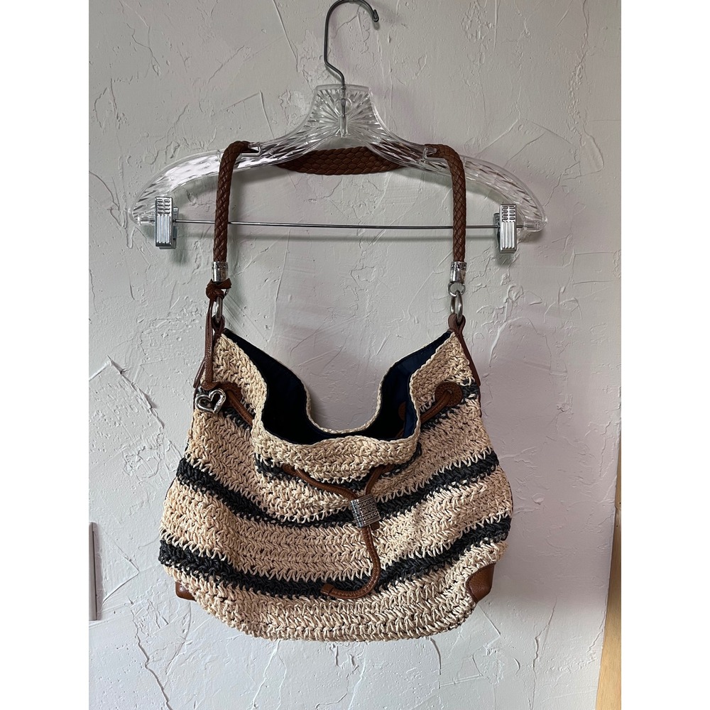 Brighton Straw Striped Shoulder Bag with Leather‎ Accents and Anchor Lining